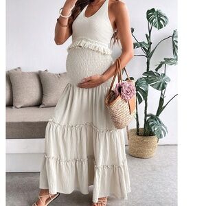 Maternity Knit Cropped Halter Top Stretchy Waist Maxi Skirt Set